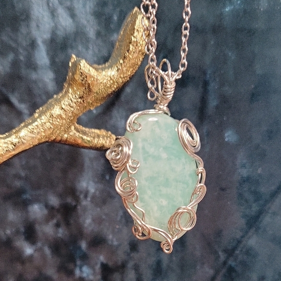 Handmade - Wire Wralled Amazonite CA and Aqua Pendant Necklace - Picture 3 of 7